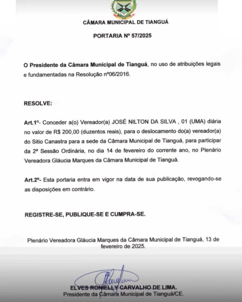 Câmara de Tianguá concede diária no valor de R$ 200 para vereador participar de sessão na Casa - Cn7