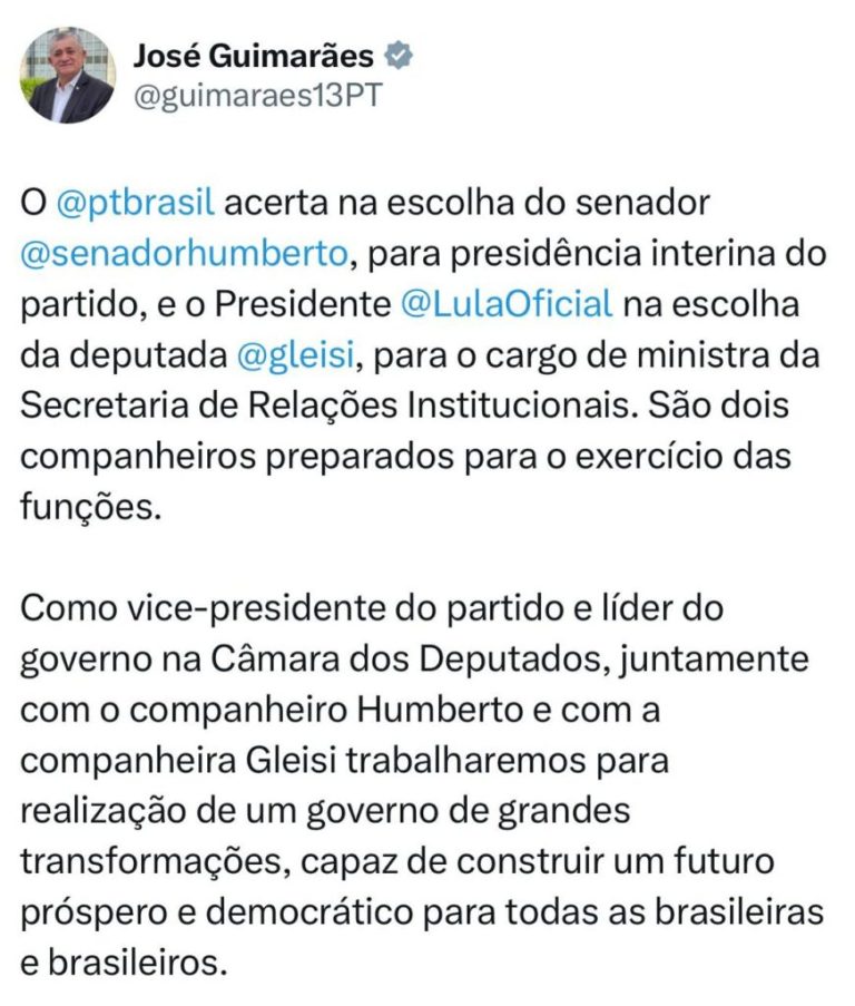 José Guimarães é mantido na liderança do Governo na Câmara dos Deputados - Cn7