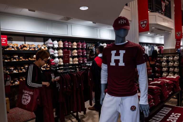 A imagem mostra o interior de uma loja de produtos da Harvard. Um manequim está vestido com uma camiseta marrom com a letra