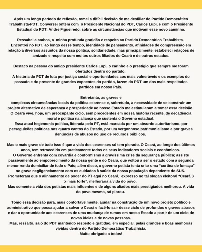 Roberto Cláudio anuncia desfiliação do PDT; União Progressista deve ser o destino - Cn7