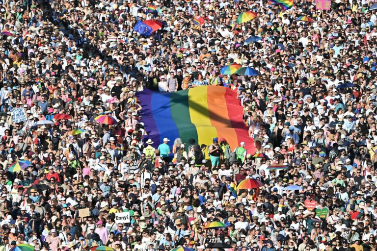 A imagem mostra uma grande multidão reunida em um evento, possivelmente uma parada ou celebração do orgulho LGBTQIA+. No centro, uma grande bandeira do arco-íris é visível, cercada por pessoas segurando guarda-chuvas coloridos e cartazes. A multidão é densa e diversificada, com muitas pessoas visíveis em várias posições, refletindo um ambiente festivo e de celebração.