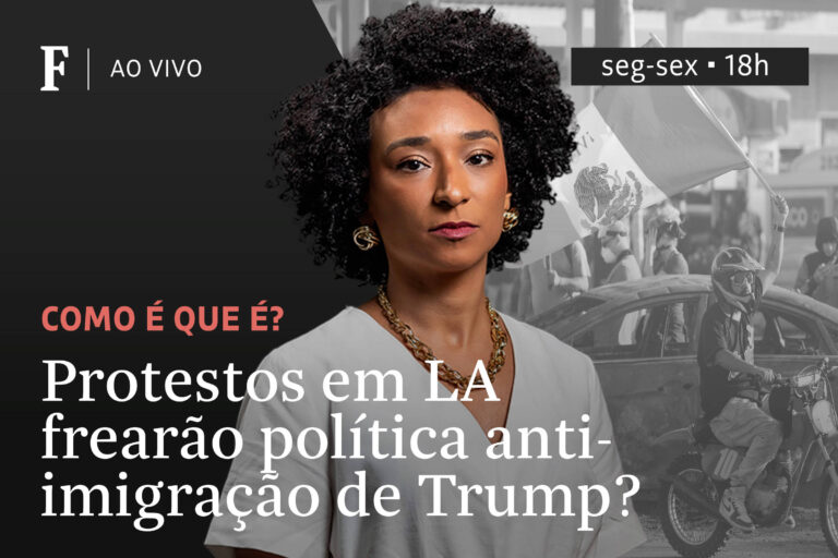 A imagem apresenta uma mulher negra com cabelo cacheado e uma blusa branca, olhando diretamente para a câmera. Ao fundo, foto do protestoem Los Angeles. Um homem, em cima de uma moto, carrega uma bandeira do México. O texto na imagem diz: