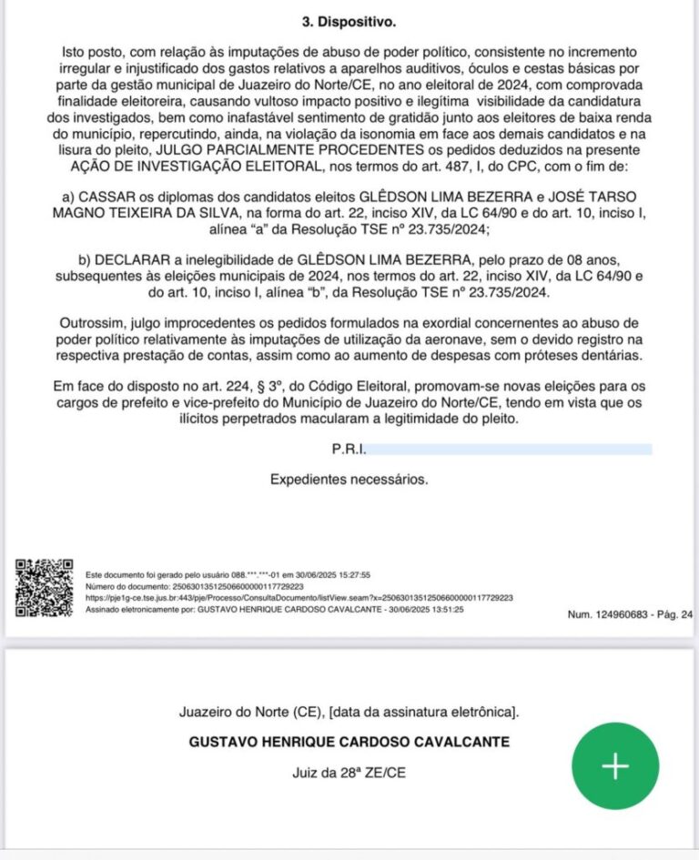 Justiça Eleitoral cassa mandatos do prefeito e vice de Juazeiro do Norte