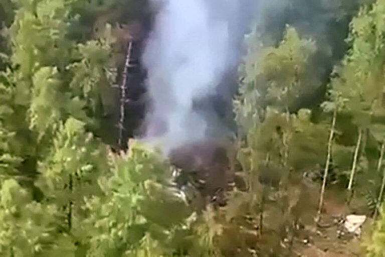 A imagem mostra uma área florestal densa com árvores verdes. No centro, há uma coluna de fumaça saindo de uma área que parece estar em chamas, indicando um incêndio. O solo é visível em algumas partes, com vegetação ao redor.