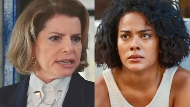 Odete furiosa (à esquerda) e Fátima, com olhar de coitada, (à direita) em Vale Tudo.