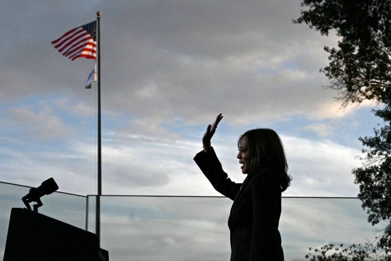 A imagem mostra a silhueta de uma mulher levantando a mão em um gesto de saudação ou juramento, com uma bandeira dos Estados Unidos ao fundo. O céu está nublado, e a cena é iluminada de forma suave, criando um contraste entre a figura e o fundo. Um microfone está visível em primeiro plano, sugerindo que a mulher pode estar em um evento público ou discurso.