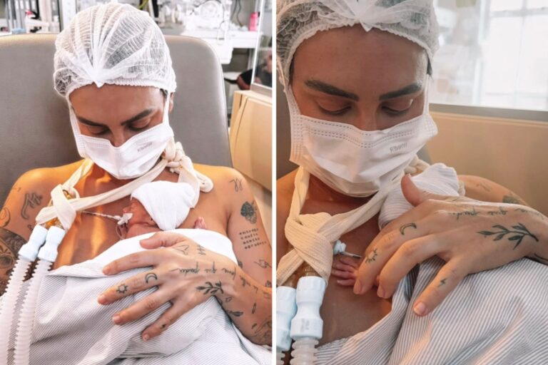 Clara Maia segura seu bebê pela primeira vez